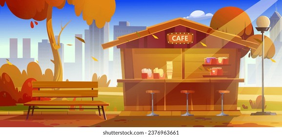 Coffee shop in autumn city park. Vector cartoon illustration of public garden with small outdoor cafe, wooden bench and street lantern, yellow foliage on trees and bushes, cityscape buildings view