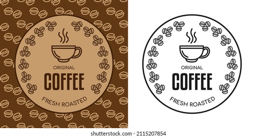 Coffee Shop-Badge oder Label-Design-Vorlage mit Kaffeebohnen und Tasse. Logo oder Emblem für ein Café. Vektorgrafik.