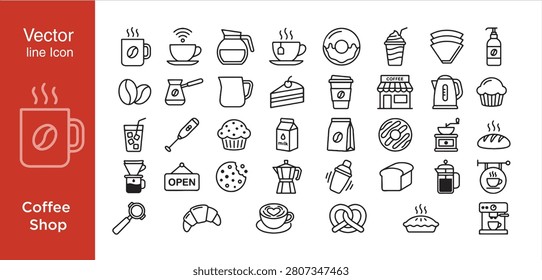 Coffee Shop Bakery And Barista Essentials Vector Line Icon Set For Cafe Menu Espresso Drinks Pastries Brewing Equipment And Morning Takeaway Culture Design