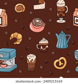 Coffee shop and bakery cute brown seamless pattern. Vector editable background. Print for packaging, fabric.