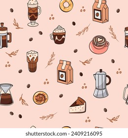 Coffee shop and bakery cute pink seamless pattern. Vector editable background. Print for packaging, fabric.