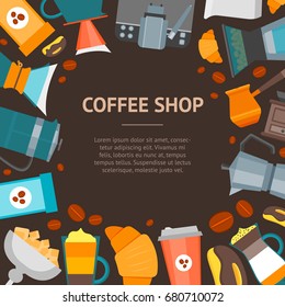 Coffee Shop Banner Card on a Brown Flat Design Style for Cafe, Restaurant and Bar. Vector illustration