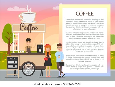 Coffee shop banner, colorful vector illustration with mobile stand big cup logo, menu list and text isolated in rectangle, young couple customers