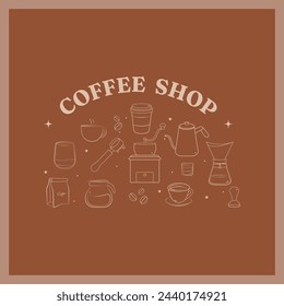 Coffee shop banner. Coffee maker, hot drinks, and coffee bean outline icons on a brown background.