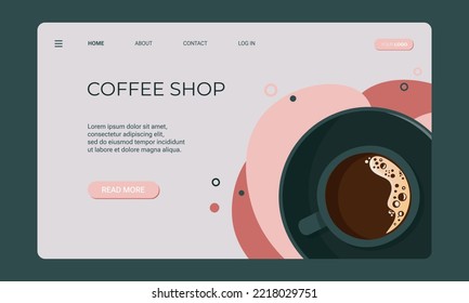 Coffee shop banner template, shop website, landing page background and mobile app. Green cup with saucer and black coffee
