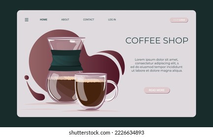 Coffee shop banner template, shop website, landing page background and mobile app. Glass coffee maker with glass mug with double bottom and black coffee.