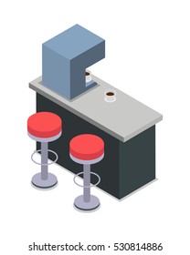 Coffee shop bar counter with two red chairs isolated on white. Bar interior design flat. Interior of a cafe or a pub with furniture and chairs. Automatic coffee machine. Vector illustration