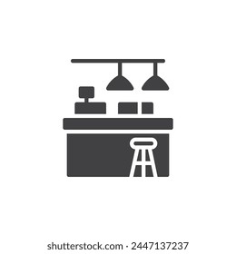 Icono de Vector de mostrador de barra de cafetería. signo plano relleno para concepto móvil y Diseño web. Icono de glifo de barra y silla. Símbolo, ilustración del logotipo. Vector gráfico