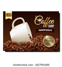 Coffee Shop Bar Creative Promotional Banner Vector. Coffee Natural Beans And Blank Cup On Advertising Marketing Poster. Morning Energy Beverage Ingredient Style Color Concept Layout Illustration