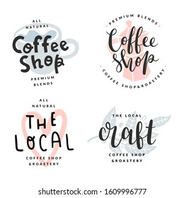 Coffee shop or bar logotypes, isolated vector labels, trendy pastel colored illustrations, lettering logotypes, script calligraphy with flat stamp drawing as backdrop. modern templates for cafe brand.