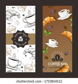 Coffee shop and bar since year logo vector illustration. Cafe flyer set cup mug with drink, croissant, cupcake and berry. Colorful advertising to attract consumers, breakfest food and fresh liquid.