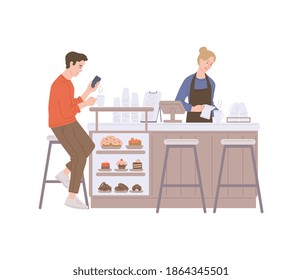 Coffee shop with barista at counter and young guy drinking coffee and looking at mobile phone. Coffee house with sweet pastries, dessert and hot coffee. Isolated vector illustration