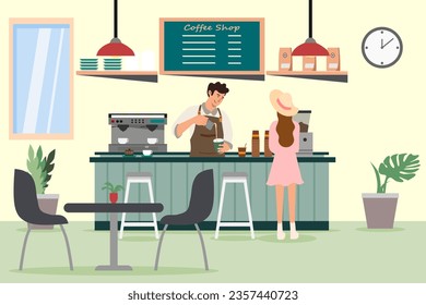 In the coffee shop with a barista and a customer. A coffee shop interior. A barista man making coffee.