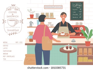 Coffee shop barista and customer ordering. There is a line drawing logo and menu. flat design style minimal vector illustration.