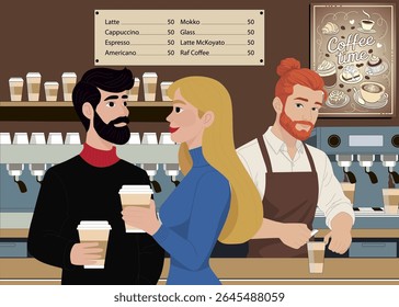 Café com barista. Equipamento para fazer café. Um homem serve aos clientes. Um cara trata uma garota para o café. Ilustração de história de café desenhada à mão em vetor