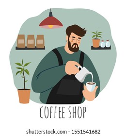 Coffee shop, barista. Flat vector concept illustration of a young man wearing apron pouring whipped milk into the coffee cup. Hand drawn cartoon character