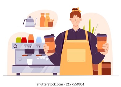 Coffee shop with barista holding takeaway cups vector illustration. Cartoon male bartender in apron with hot drink, professional staff in uniform standing behind bar counter with coffee machine