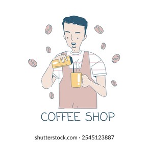 Coffee shop barista. Man pours hot drink into mug. Coffee shop and catering employee. Cappuccino, mochaccino, latte and Americano. Linear vector illustration isolated on white background