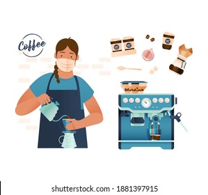 Coffee Shop. Barista. Modern Flat Concept. Young Female in Mask Wearing Apron Making Pour Over Coffee, Coffee Maker, Elements.