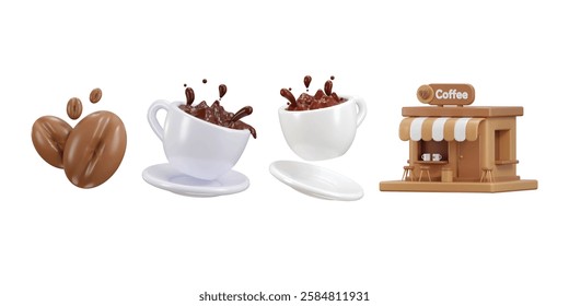 Coffee shop with coffee beans and Liquid coffee with cup icon 3d render