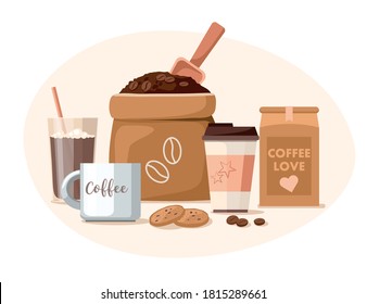 Coffee shop. Coffee beans in the package, takeaway cup, mug, and chocolate. Vector Illustration  