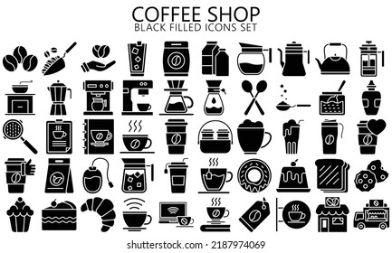 coffee shop black filled icon set, hot cup, green tea, shop, ice, cocktail, coffee maker, french press, mill, pot, machine, beans, paper. use for UI or UX kit. vector eps 10 ready convert to SVG. svg