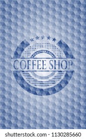 Coffee Shop blue emblem or badge with abstract geometric pattern background.