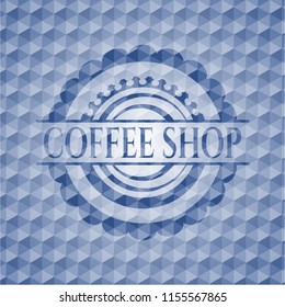 Coffee Shop blue emblem with geometric background.