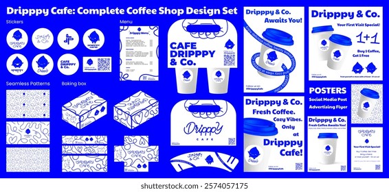 Coffee shop branding with design elements - coffee carrier, logo, posters, flyers, zarf, takeaway box, menu and more. Visual identity in a modern style for a coffee shop, cafe. Branding, graphic pack