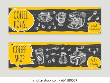 Coffee shop brochure flyer design. Retro background. Hand drawn vector illustration on the chalkboard. Can be used for menu, cafe, restaurant, bar, poster, banner, sticker, placard, layout and other.