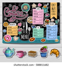 Coffee shop, brochure vector, cafe menu design, sketch style. Coffee, desserts, tea, breakfast, cakes, donut, croissant, quote, coffee take away. Lettering, cup, logo, trendy. Hand drawn vector.