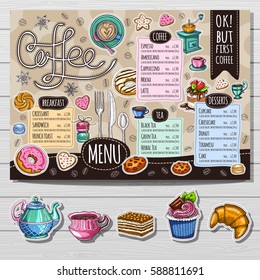 Coffee shop, brochure vector, cafe menu design, sketch style. Coffee, desserts, tea, breakfast, cakes, donut, croissant, quote, coffee take away. Lettering, cup, logo, trendy. Hand drawn vector.