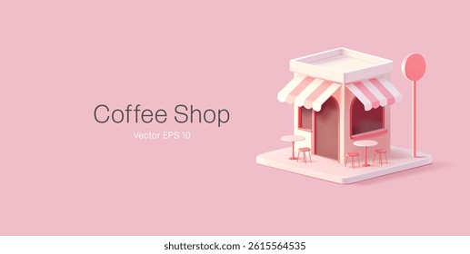 Coffee shop building, 3D. cute cafe facade in pink colors for advertising coffee, pastries, desserts. Vector illustration.