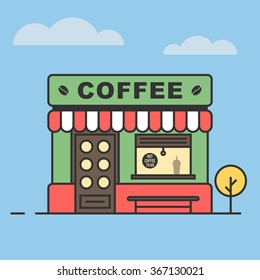 Coffee shop, a building with a bench and a tree. Trading and cooking coffee. Cafe with coffee to go. Vector illustration