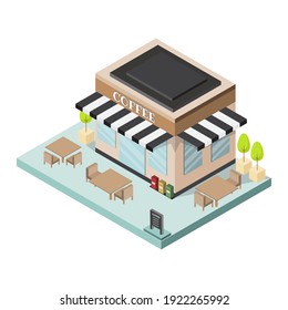 Coffee Shop Building. Cafe In Isometric 3d Style . Vector Illustration.