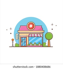 Edificio de la Cafetería. la fachada del icono de tienda en la ilustración de diseño de estilo plano