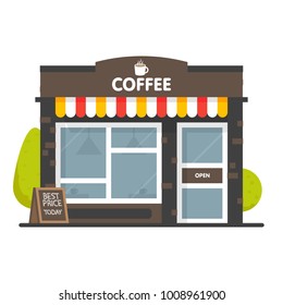 Coffee shop building facade. Signboard with big hot cup of coffee. Flat style vector illustration. Isolated on white background.