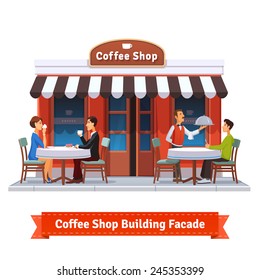 Coffee shop building facade with signboard. People eating and drinking at the tables under sun blind. Waiter serving a dish to a customer. Flat style illustration or icon. EPS 10 vector.