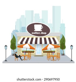 Coffee shop building facade with signboard. Vector illustration in a flat style.