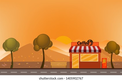 Coffee shop building front view flat horizontal banner vector illustration