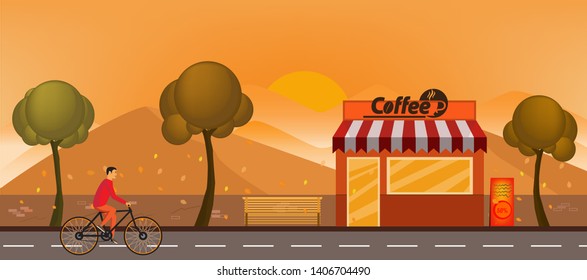 Coffee shop building front view flat horizontal banner vector illustration