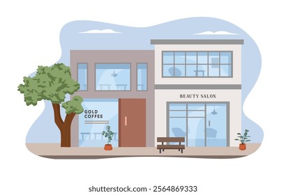 Coffee shop building illustration. Business district. City park illustration. Haircut salon building. Cafe building. 