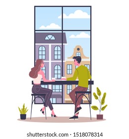 Coffee shop building interior. People drink coffee in the cafe. Cafe inside. Flat vector illustration