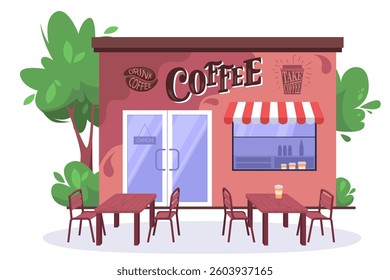 Coffee shop building on isolated background. Vector illustration in a flat style
