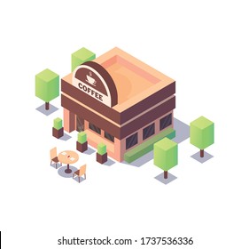 Coffee shop building with a signboard and facade elements. On the territory there is a table for two people, trees and bushes. Vector isometric building on a white background.