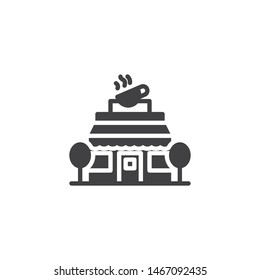 Coffee shop building vector icon. filled flat sign for mobile concept and web design. Street Cafe with coffee cup and trees glyph icon. Symbol, logo illustration. Vector graphics