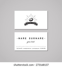 Coffee shop business card design concept. Logo with coffee bean, rays and ribbon. Vintage, hipster and retro style. Black and white. 