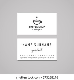 Coffee shop business card design concept. Logo with cup and heart. Vintage, hipster and retro style. Black and white. 