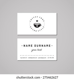 Coffee shop business card design concept. Logo with cup and crown. Vintage, hipster and retro style. Black and white. 