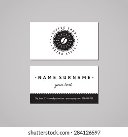 Coffee shop business card design concept. Logo-badge with coffee bean and rays. Vintage, hipster and retro style. Black and white. 